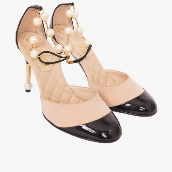 Chanel Beige Pearl Embellished Ankle Strap Heels - Picture 8 of 10